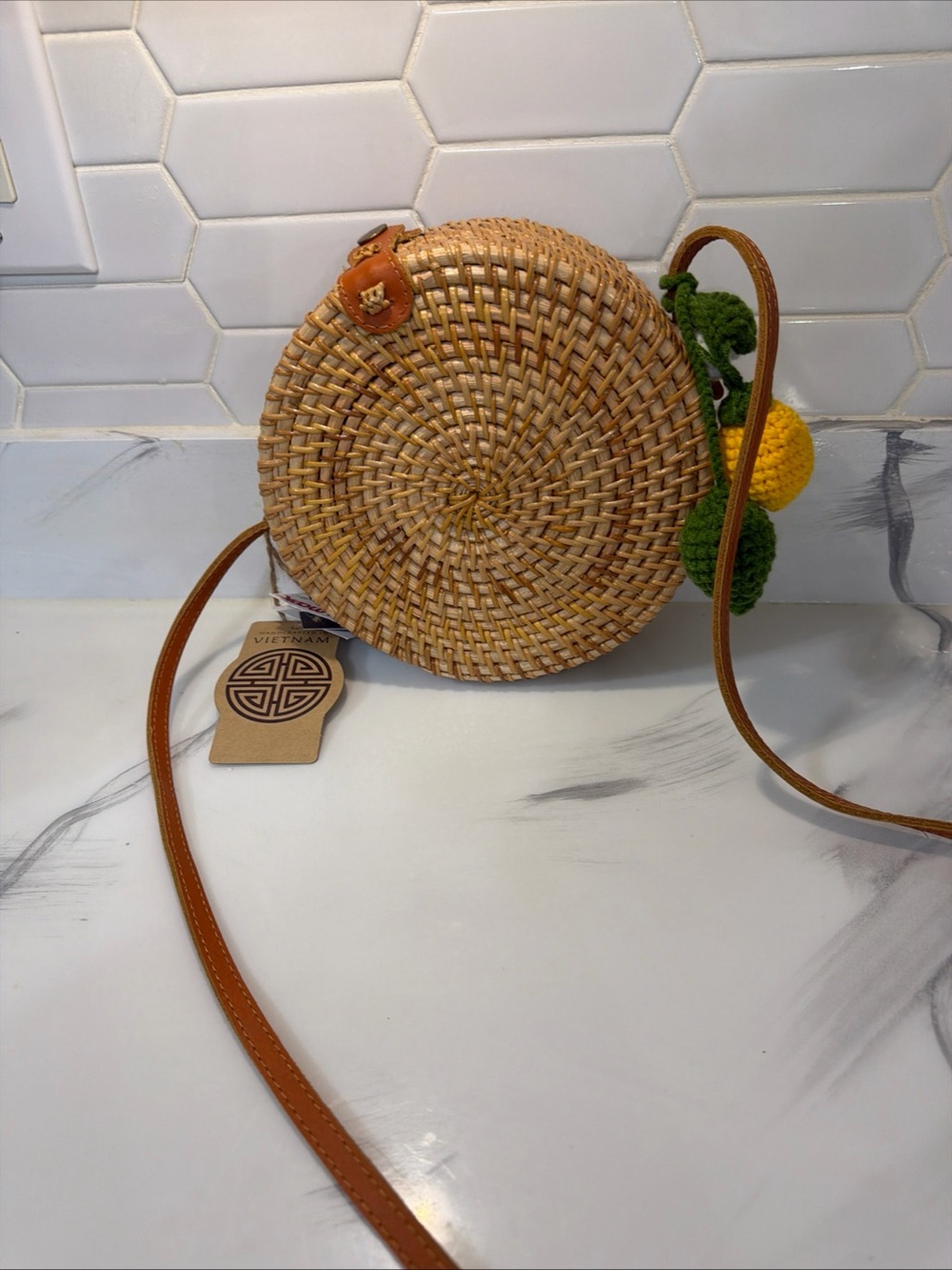 Round Woven Rattan Crossbody Bag - Natural - Picture 1 of 3